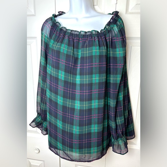 TALBOTS Petite Plaid Popover Blouse Top Shirt Tartan Flowy Green Black Pink - Picture 2 of 14